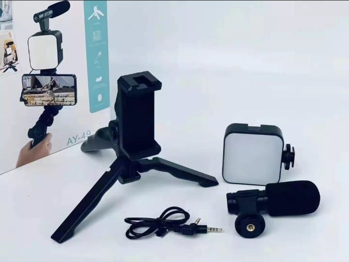 AY-49 Vlogging Kit | Portable Video Recording Setup With LED Light, Shotgun Mic & Flexible Tripod Without Remote