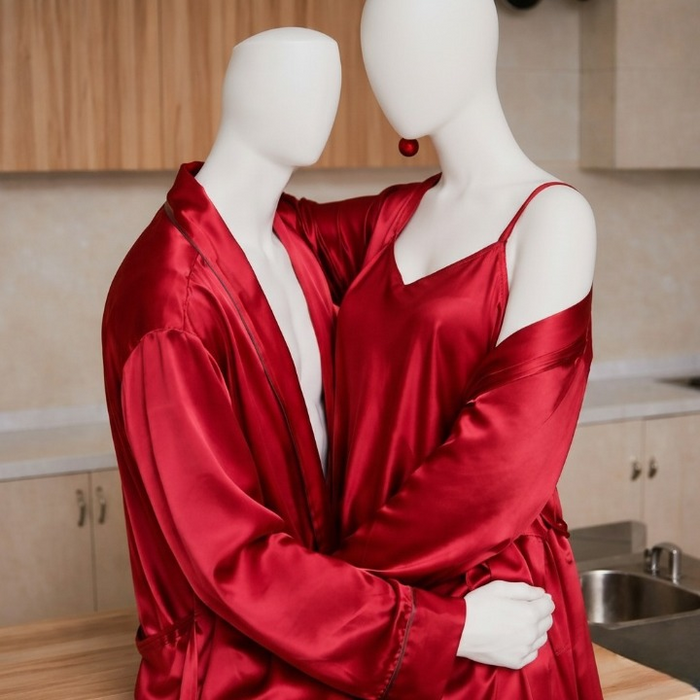 Premium Satin Silk Couple Gown Set (3 Pcs) – Elegant Matching Nightwear For Men & Women | Free Size | SKU: DC-C006 | Black