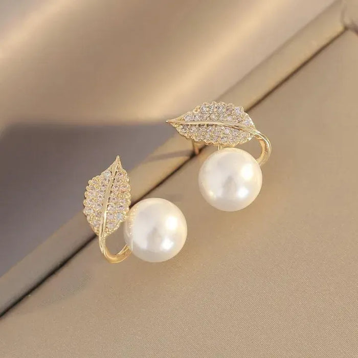 Leaf Pearl Earrings - Classy And Feminine Jewelry For Daily & Party Wear - Studs For Girls And Womens - GOLDEN