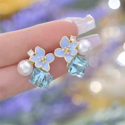Crystal Flower Korean Earrings – Elegant Floral Design | Crafted To Perfection With Dazzling Crystal Petals That Catch Every Light Beautifully - PJT986 - Blue